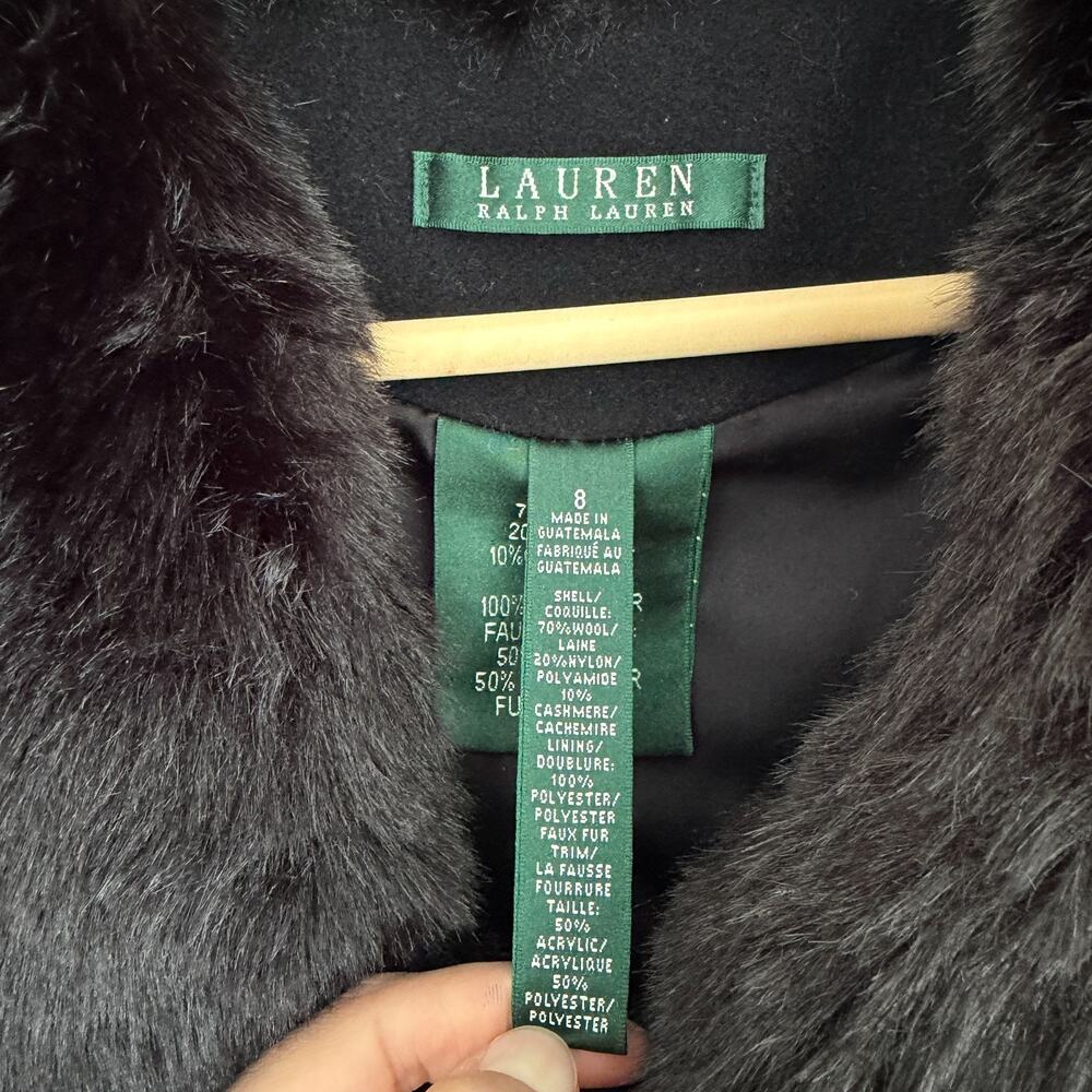 Ralph Lauren Coat Women 8 Black Wool Cashmere Blend Quiet Luxury Faux Fur Collar - Picture 8 of 9